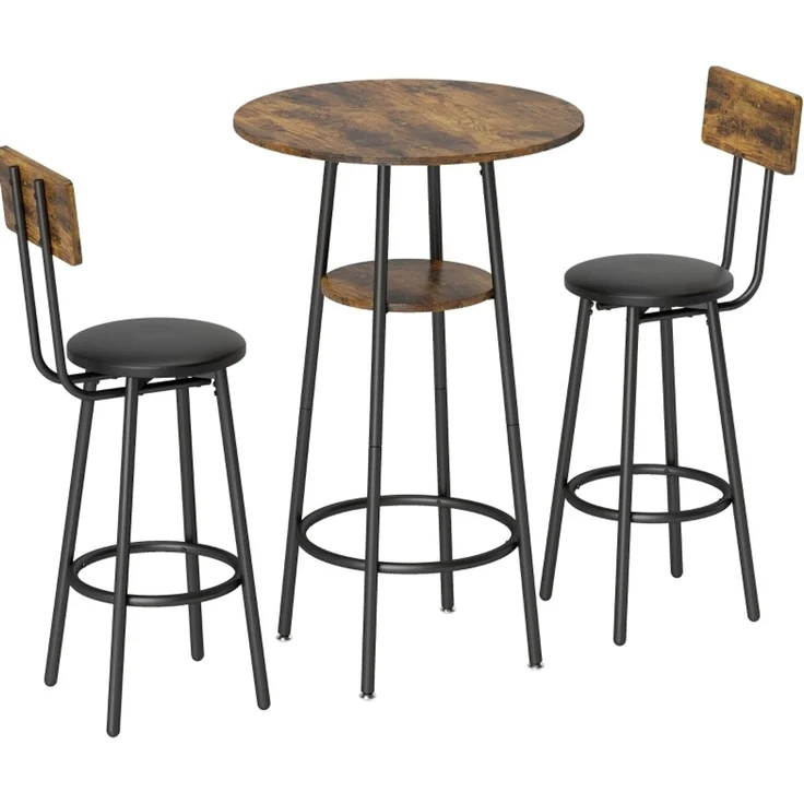 Bartisch-Set für 2 mit Ablageregal, gepolsterten Hockern und Rückenlehnen, 60x60x91 cm, Rustikalbraun – Bild 5