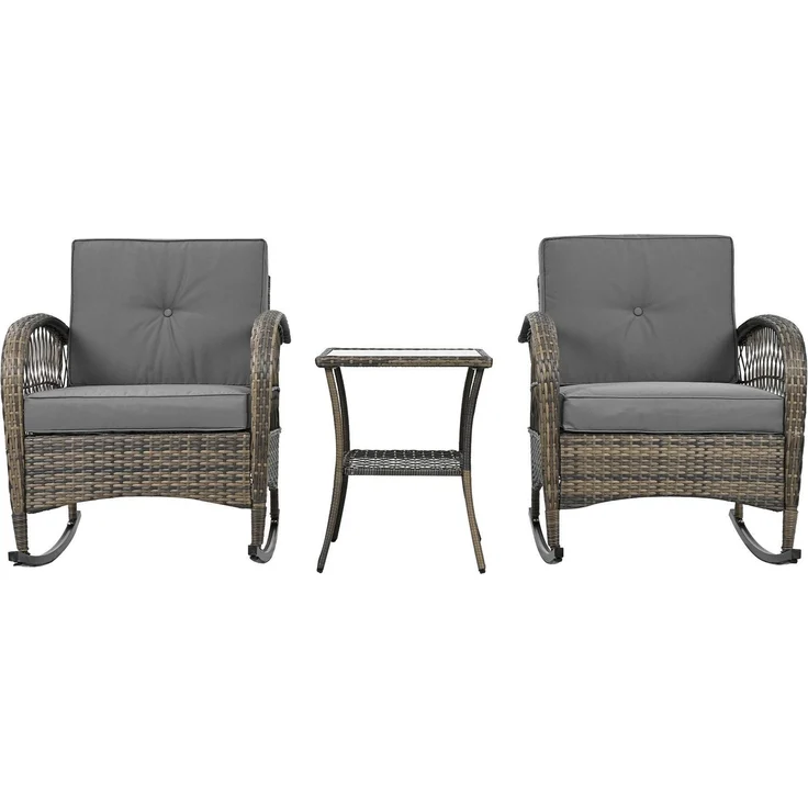 Balkonset mit 1 quadratischem Glastisch und 2 Schaukelstühlen, 3-tlg, Loungeset, Gartenmöbel, Metallrahmen, Polyrattan – Bild 6