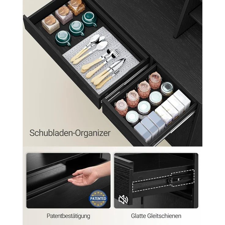 Küchenschrank, Buffetschrank, Hochschrank mit Steckdosen und LED-Lichtleisten, mit Arbeitsplatten und Zwei Schubladen, Verstellbare Einlegeböden, Küche, 40 x 100 x 180 cm, Schwarz – Bild 5
