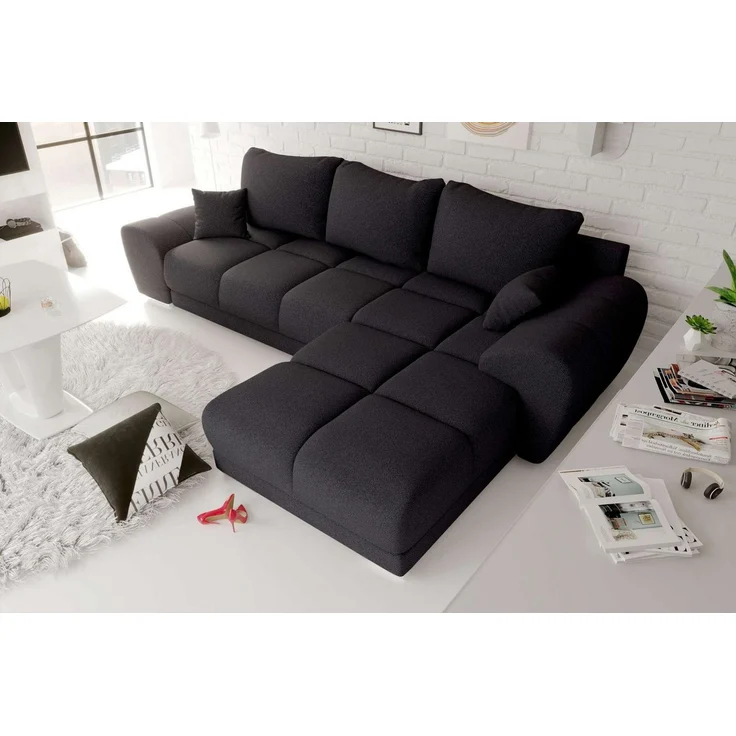 99rooms Antalya Ecksofa Strukturstoff NEVE Schwarz Rechts mit Schlaffunktion – Bild 1