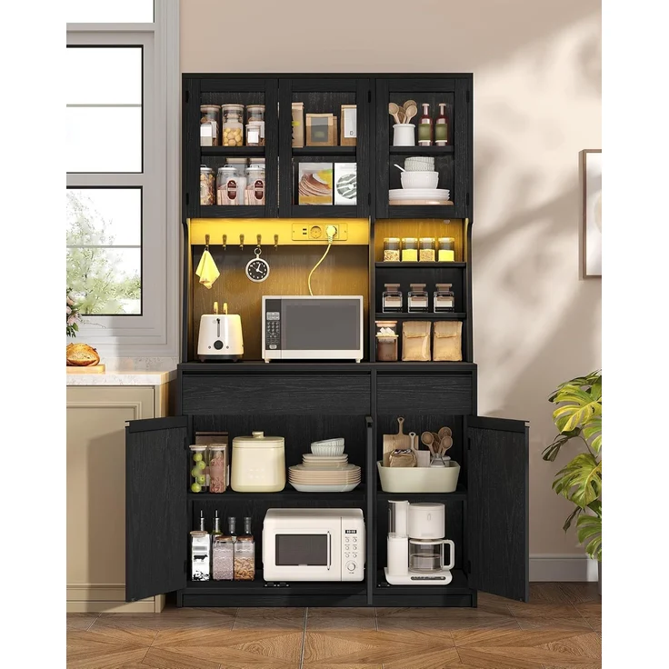 Küchenschrank, Buffetschrank, Hochschrank mit Steckdosen und LED-Lichtleisten, mit Arbeitsplatten und Zwei Schubladen, Verstellbare Einlegeböden, Küche, 40 x 100 x 180 cm, Schwarz – Bild 2