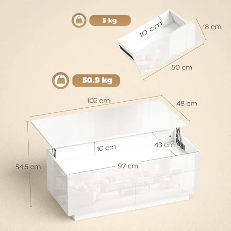 HOMCOM Couchtisch mit Hebeplatte und Schublade (Packung, 1-St, 1 Tisch), Tischplatte höhenverstellbar, Stauraum – Bild 3
