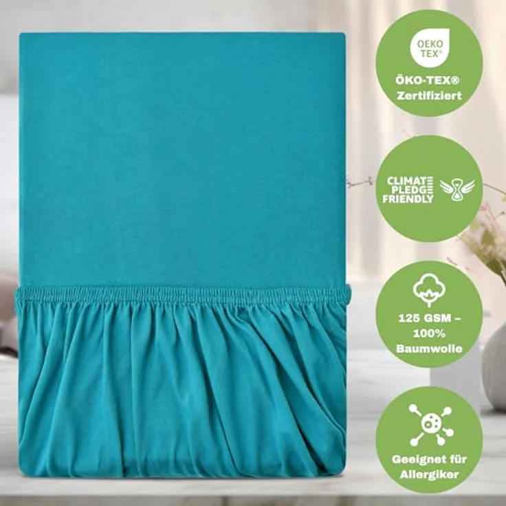 leevitex® Spannbettlaken 140x200cm - 160x200 cm | Spannbetttuch Bettlaken | 100% Jersey Baumwolle | Matratzenhöhe bis 25 cm | Ökotex | Petrol/Smaragd Blau – Bild 4