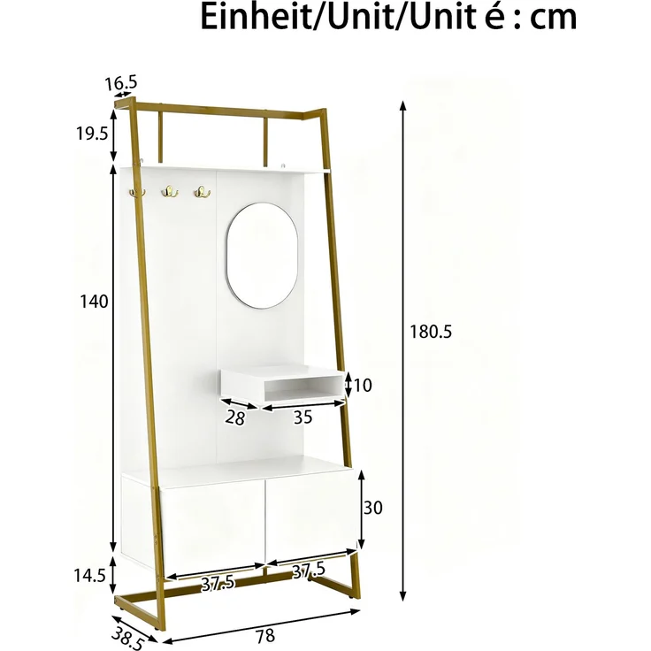 Merax Kompaktgarderobe, offener multifunktionaler Aufbewahrungsschrank mit Spiegel, Metallhaken, Garderobenständer mit Schuhbank, Garderobe, Schuhaufbewahrung, Kleiderständer, Weiß – Bild 4