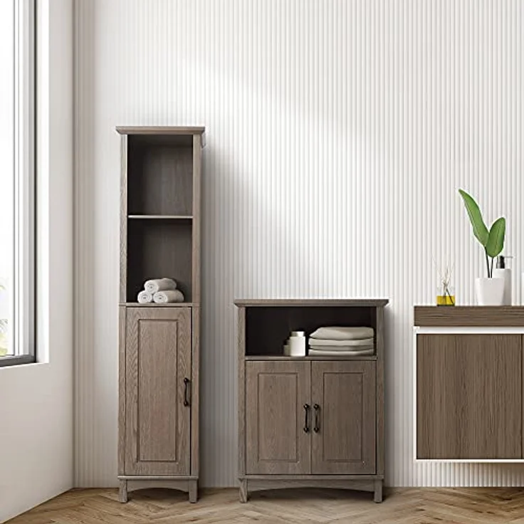 Elegant Home Fashions Russell Holz Badezimmer Leinen Tower Aufbewahrungsschrank 33 cm x 38 cm x 159,4 cm mit offenen Regalen & Türen Salzeiche EHF-F0012, Salt Oak, One Size – Bild 3