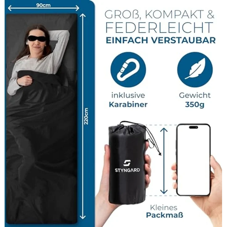 Styngard Schlafsackinlett Hüttenschlafsack Baumwolle Ultraleicht [350g] - kleines Packmaß, 100% Baumwolle, Warm und Leicht – Bild 5