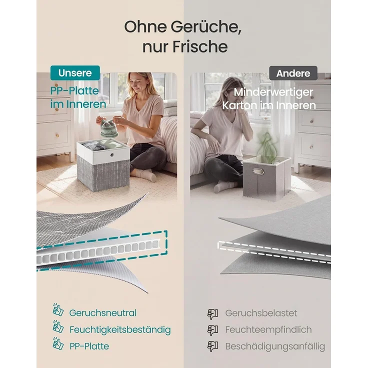 SONGMICS Aufbewahrungskörbe, 6er Set, faltbare Stoffboxen mit PP-Platten, für Regal, 30 x 30 x 30 cm, weiß-grau – Bild 5