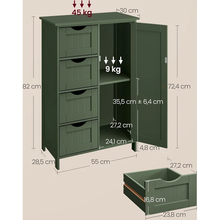VASAGLE Badezimmerschrank, schmaler Badschrank, Beistellschrank, Kommode, mit 4 Schubladen, Schranktür, verstellbare Ablage, 30 x 55 x 82 cm, waldgrün LHC041C01 – Bild 3