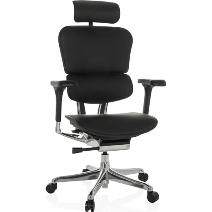 MID.YOU Drehstuhl Schwarz, Echtleder mit Armlehnen, ergonomische Rückenlehne, 78x117 - 136x64 cm