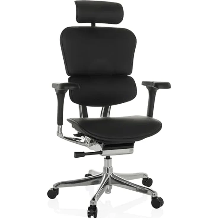 MID.YOU Drehstuhl Schwarz, Echtleder mit Armlehnen, ergonomische Rückenlehne, 78x117 - 136x64 cm – Bild 1