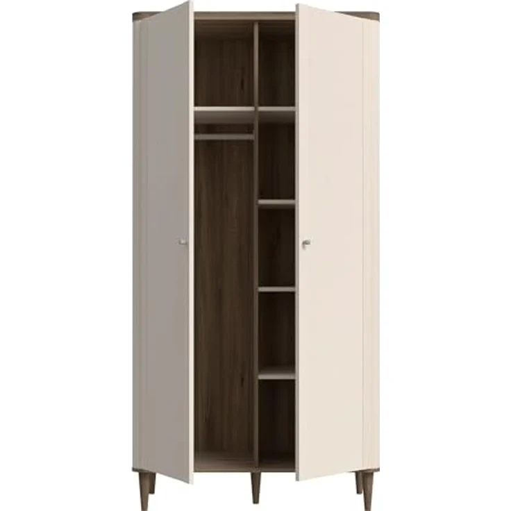 Forte LACETTI Kleiderschrank 100, moderner Schrank mit Skandi Lamellen Design, 2-türig, Schlafzimmer, Kaschmir | Beige mit Valencia Eiche Holzdekor, 100,1 cm breit x 200,5 cm hoch x 52,7 cm tief – Bild 5