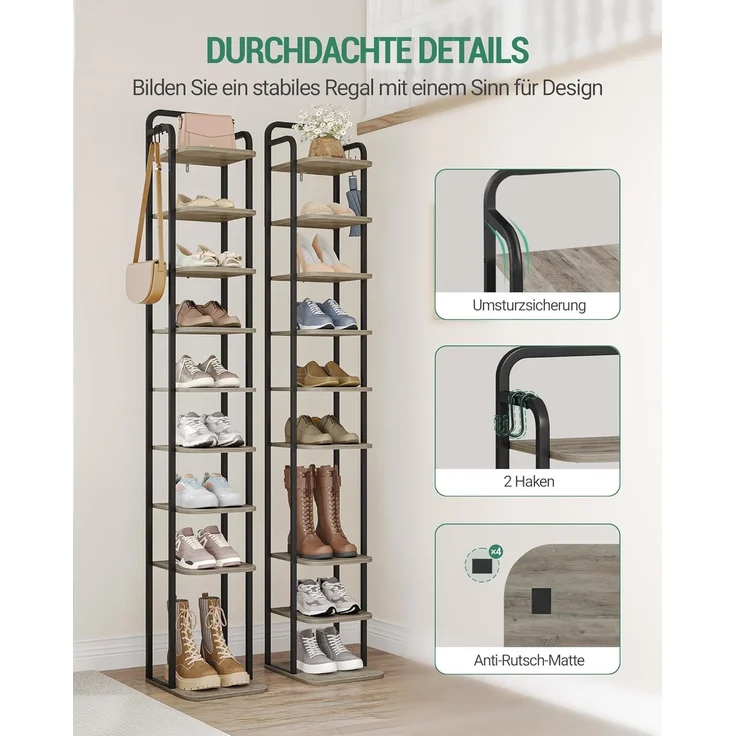 Vertikales Schuhregal, 10-Stöckige Schuhregale, Schuhturm für Kleine Räume, Freistehend, Verstellbar, Platzsparend, Helles Elfenbein und Schwarz – Bild 4