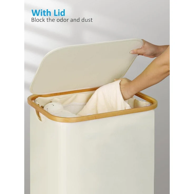 XL Wäschekorb mit Rollen 100L Bambus Deckel Herausnehmbar Waschbar Beige – Bild 4