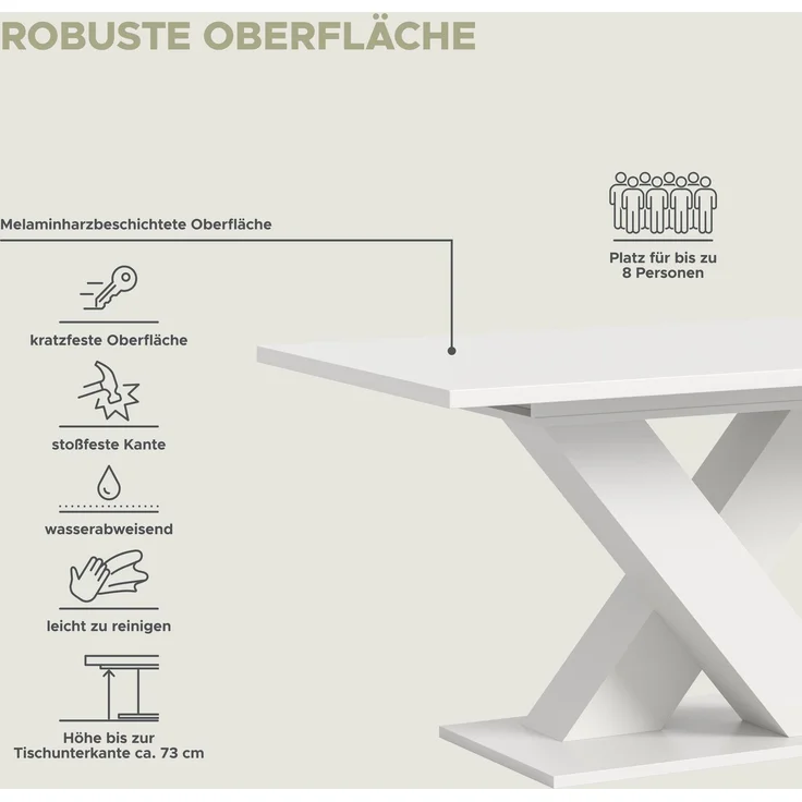 Ausziehbarer Esstisch (B/H/T): 150-190x76x80 in weiß Nachbildung mit X-Fußgestell – Bild 8