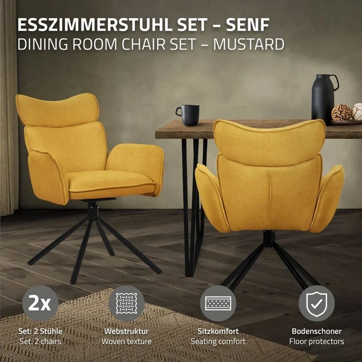 ML-DESIGN Polsterstuhl Drehstuhl mit Armlehne & Rückenlehne Ergonomische mit Metallbeine (2 St), Armlehnstuhl 2er Set Senf aus Polyester 360° Drehbar Sessel bis 120 kg – Bild 2