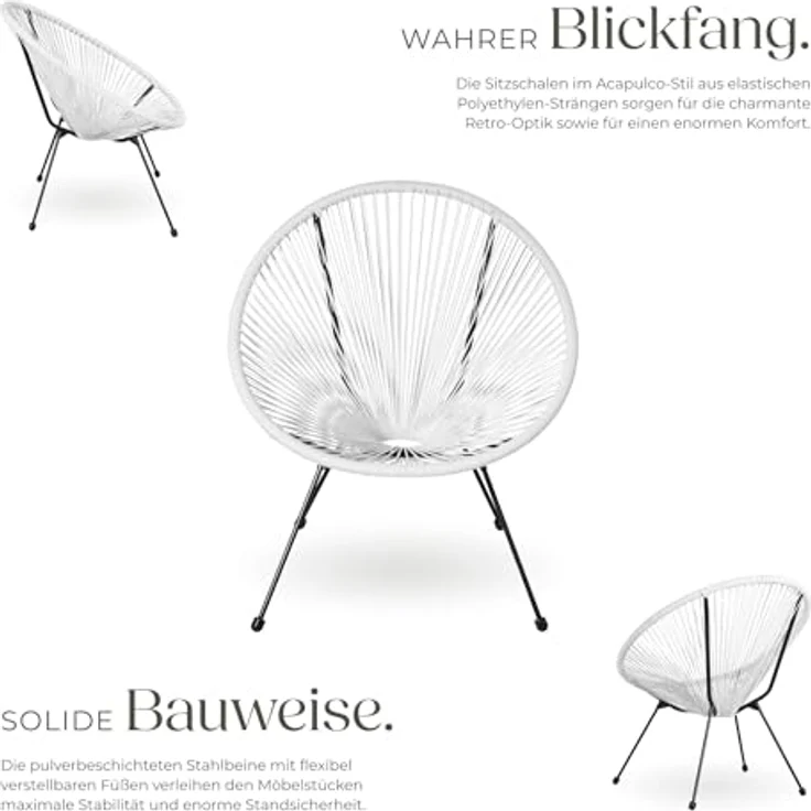 tectake® Set 2X Stuhl 1x Beistelltisch Acapulco, Gartenstuhl, Gartenstühle im Retro Design, Indoor und Outdoor Sessel für Garten, Wintergarten, als Terrassenstühle oder Balkon Sessel - weiß – Bild 4