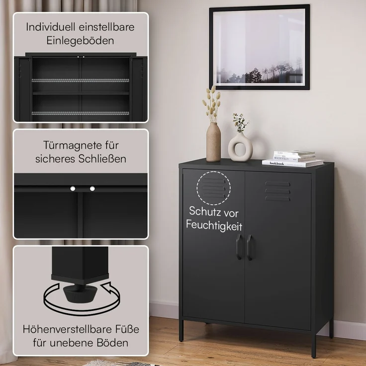 skølm 'Atria' Metallkommode, schwarz, 100x38x80 cm, Metallschrank mit 3 Fächern – Bild 3