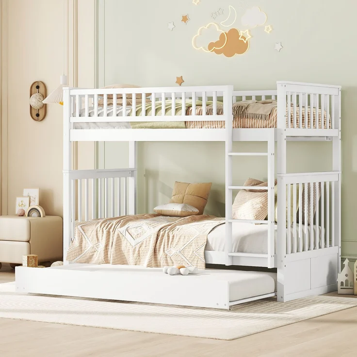 Etagenbett 90x200 cm mit Ausziehbett und Treppe, Kinderbett mit hoher Absturzsicherung,abnehmbares Massivholzbett mit stabilem Rahmen,Weiß – Bild 4