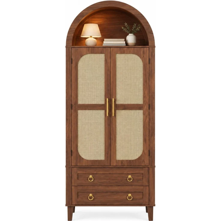 DESVIAE Sideboard Nussbaum aus MDF/Spanplatte – 76x179,5x40 cm – LED-Beleuchtung, 2 Schubladen – Bild 7