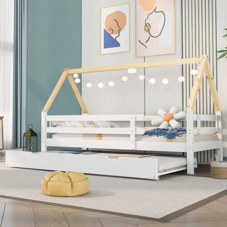 Baumhausbett, Tagesbett, Einzelbett, Kinderbett, Ausziehbett, Schiebebett mit Rollen unten, Massivholz, weißes Bett, naturfarbener Dachstuhl (90x200 & 90x190CM) – Bild 2