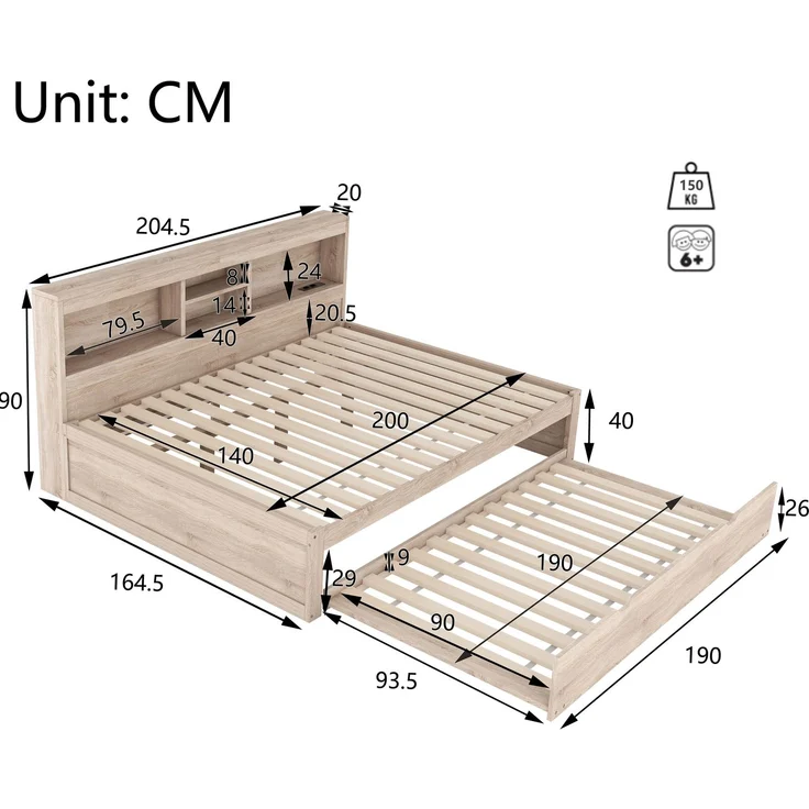 CHICFURN Bett aus Spanplatte und MDF Natur 140x200 cm mit Ausziehbett und LED-Beleuchtung – Bild 10