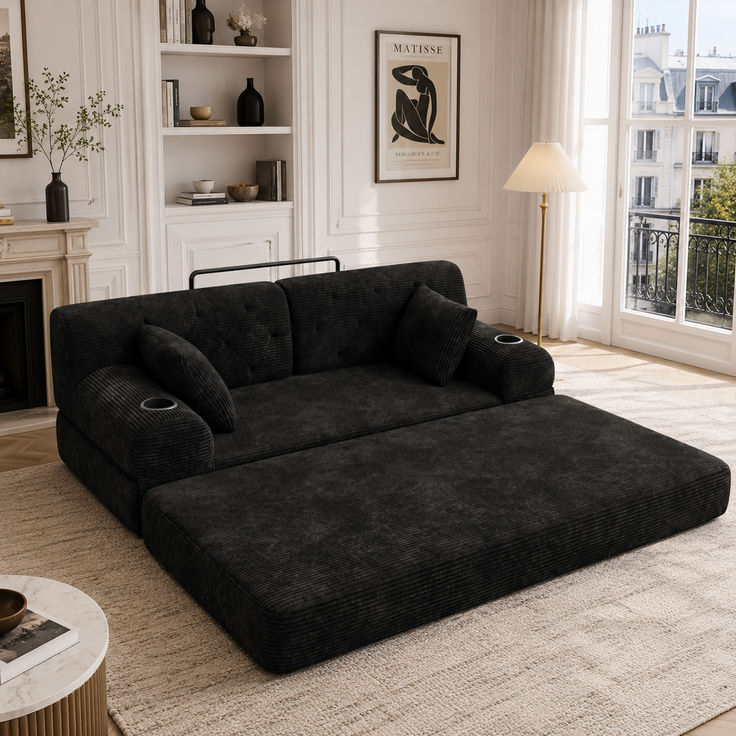ZUBALIYA Schlafsofa 80x81 cm, mit Stauraum, mit Samtbezug, mit Cordbezug, mit Knopfheftung, mit breiten Armlehnen, Schwarz – Bild 4