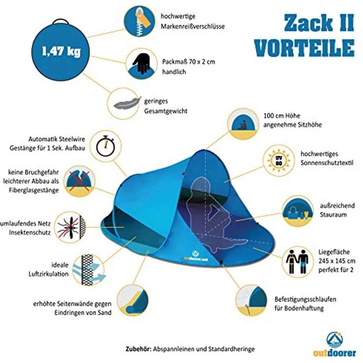 outdoorer Pop up Strandmuschel Zack II - Wurf-Strandmuschel mit UV-Schutz 60, Sonnenschutz und Windschutz am Strand (blau) – Bild 2