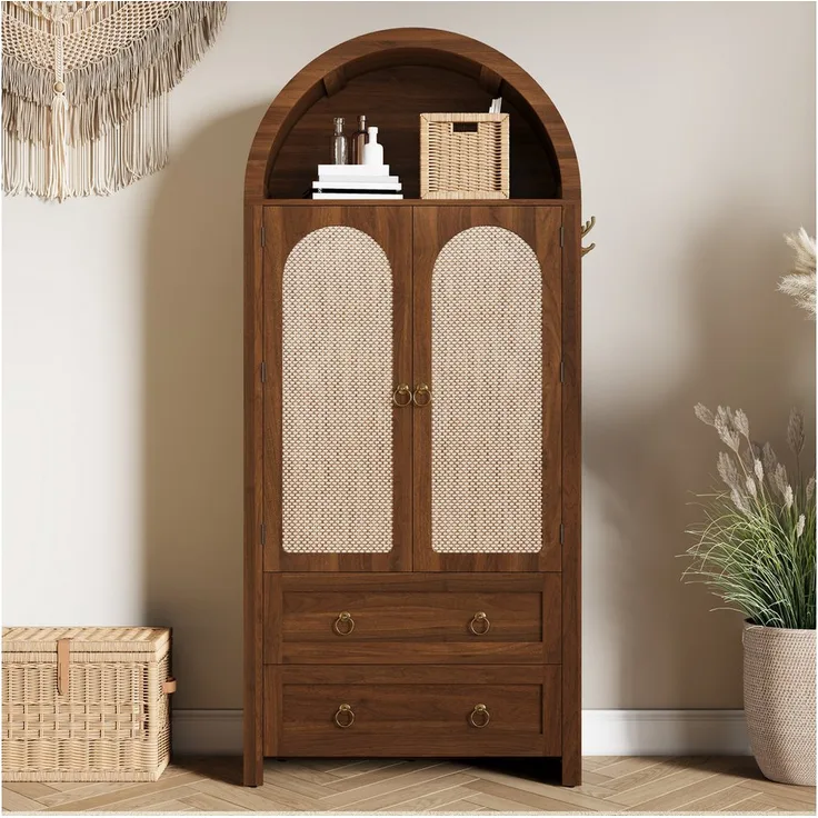 STILVORA Highboard Vintage-Aufbewahrungsschrank, Nussbaum, mit Rattantür und offenem Oberregal, für Wohn- und Schlafzimmer