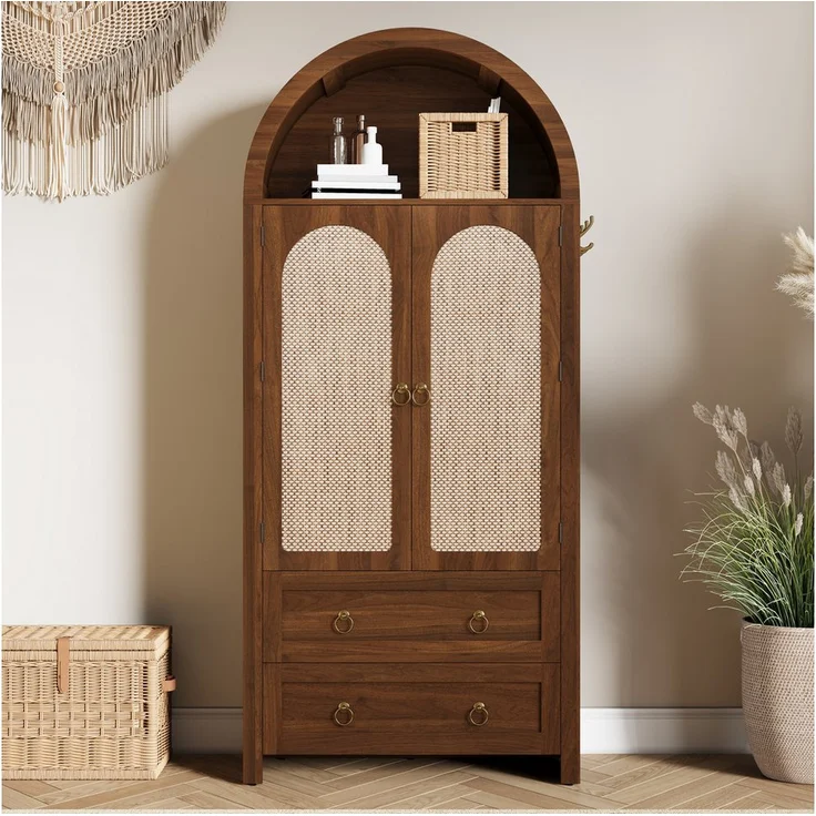 STILVORA Highboard Vintage-Aufbewahrungsschrank, Nussbaum, mit Rattantür und offenem Oberregal, für Wohn- und Schlafzimmer