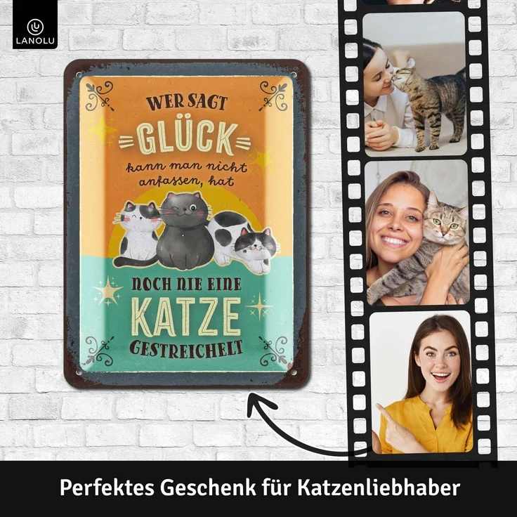 LANOLU Blechschild Glück Katze streicheln - 15x20cm – Metall – Mehrfarbig – 15216 – Bild 3
