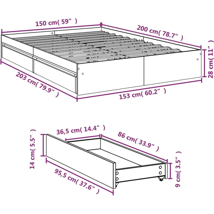 vidaXL Bettgestell mit Schubladen Sonoma-Eiche 150x200cm Holzwerkstoff 3280652 – Bild 10