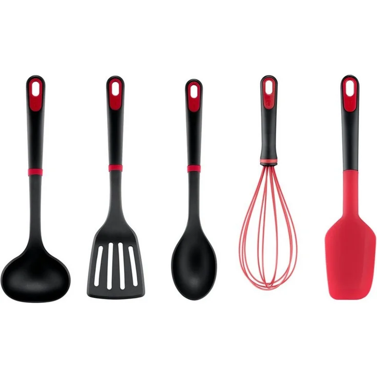 Tefal Ingenio+ 5-tlg. All-in-One Küchenhelfer-Set, Suppenkelle, Pfannenwender, Löffel, Schneebesen, Silikon-Teigschaber, verstärktes Nylon mit 15% Glasfaseranteil, Schwarz/Rot, K198S504 – Bild 1