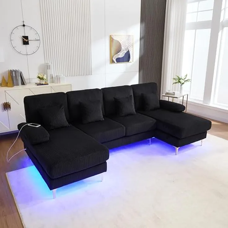 Ball & Cast U-förmiges Couch mit Schlaffunktion, Samt Sofa mit Lichtleiste und USB-Anschlüssen für das Wohnzimmer Wohnung Villa, 265 x 88 x 135 (BxHxT), Schwarz