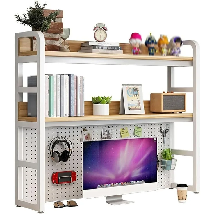 GarveeLife Schreibtischregal, 3-stufiger Schreibtisch-Organizer, Holz- und Metallmaterial, verstellbares Aufbewahrungsregal, geeignet für Wohnheim und Arbeitszimmer (95 cm)