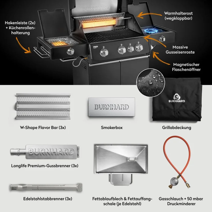 BURNHARD® Gasgrill 3-Brenner, 900°C Infrarot-Keramikbrenner, Longlife Premium-Gussbrenner, Seitenkochfeld, Edelstahl, Piezo-Zündung, Gussrost – FRED Deluxe+ - Schwarz - #947134 – Bild 4