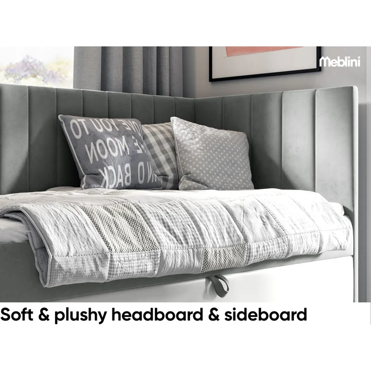 MEBLINI Kinderbett mit Bettkasten MAYA 3 80x200 Rechts – H3/Grau Samt Gepolstert Einzelbett mit Matratze - Polsterbett mit Stauraum - Bett mit Kopfteil – Stauraumbett – Bild 3