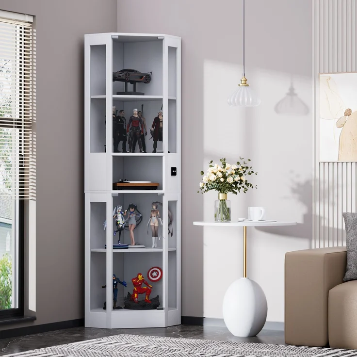 Fünfstöckige Glasvitrine mit Stauraum, LED-Beleuchtung, Glastüren und intelligenten Sensoren, Geeignet für Wohnzimmer, Schlafzimmer und Büros. Weiß.--Weiß--57x40x165cm--YOUDENOVA – Bild 4