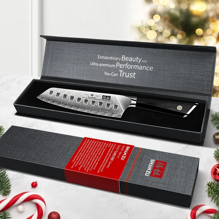 SHAN ZU Damastmesser, Santokumesser Küchenmesser 18cm Kochmesser Damaskus 10Cr15Mov Edelstahl Scharfe Messerklinge Ergonomischer G10 Griff Exquisiter Geschenkverpackun – Bild 7
