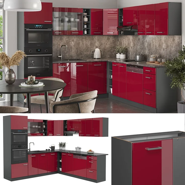 Eckküche R-Line Rot Hochglanz/Anthrazit 247 x 237 cm ohne Arbeitsplatte Vicco – Bild 2