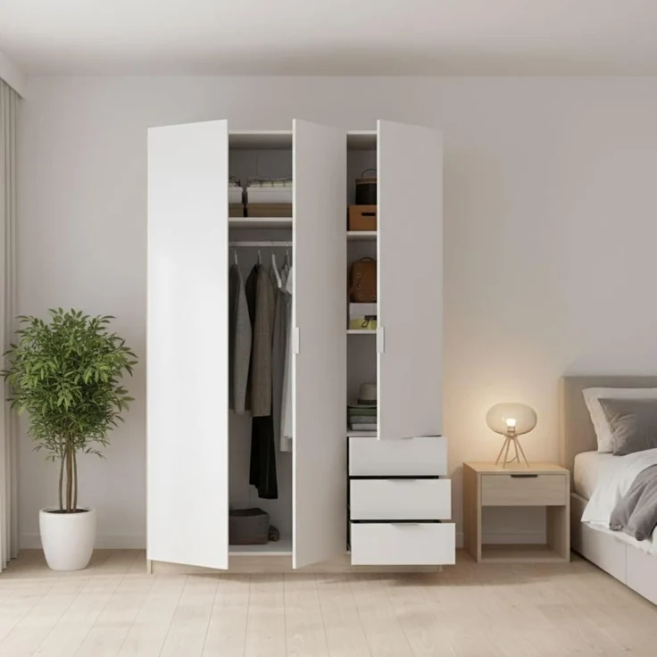 Dmora - Kleiderschrank 3 Türen Cimone, Kleiderbügel für Schlafzimmer, Kleiderschrank mit 3 Schubladen, 121 x 52 x 184 cm, Weiß und Eiche