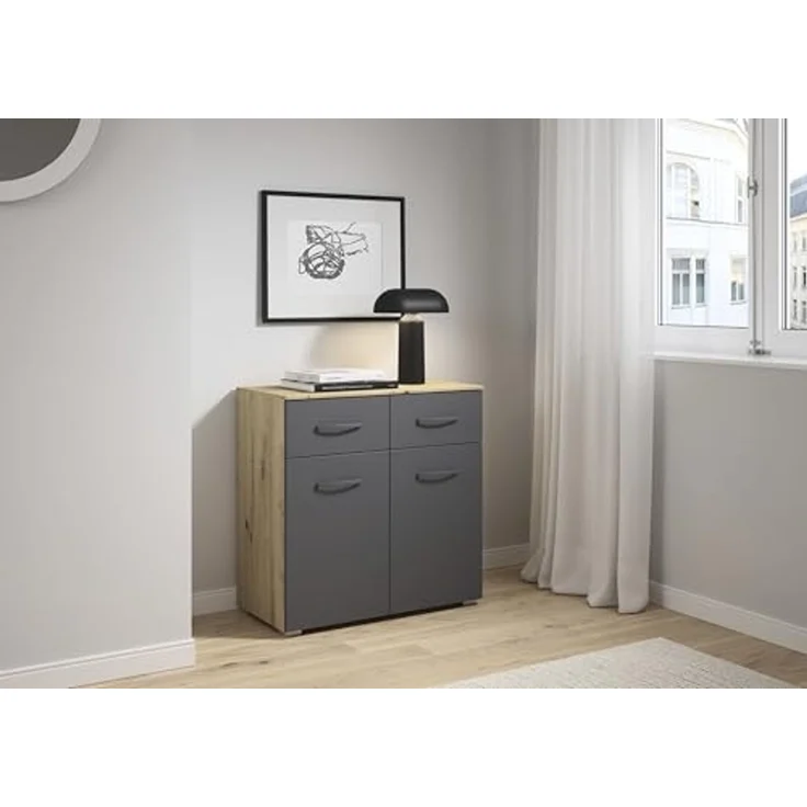 rauch Aditio Box, Kommode, 2-türig, 2 Schubladen, mit Softclose-Funktion, Farbe Grau metallic/Eiche Artisan, BxHxT 80x81x42cm – Bild 2