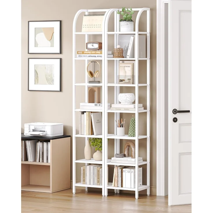 Bücherregal, 7 Ebenen Standregal, DVD-Regal, Schmale Regale, Offenes Regal, Industriestil, Metallrahmen, Geeignet für Arbeitszimmer, Wohnzimmer, Schlafzimmer, Küche, Weiß – Bild 3