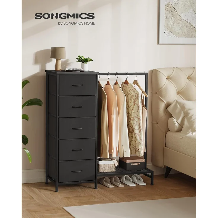 SONGMICS 3-in-1 Garderobenständer mit 5 Schubladen und Kleiderstange, 96,2 x 30 x 117,7 cm, Schwarz – Bild 3