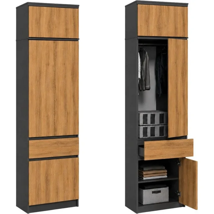 Home Collective Kleiderschrank Hochschrank Garderobenschrank Mehrzweckschrank Schrank schmal (50 cm breit, mit 1 Schubladen, Kleiderstange & Einlegeböden) Wäscheschrank, grifflose Front, mit Aufsatz Anthrazit-Eiche