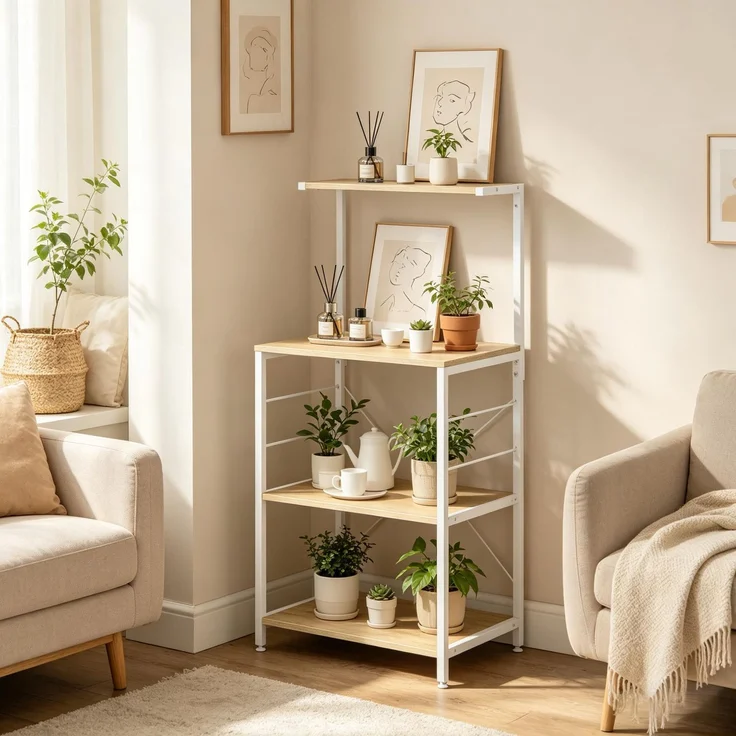 Küchenregal 60x40x123 cm mit 4 Ablagen und Seitenhaken, Weiß/Lichteiche – Bild 3