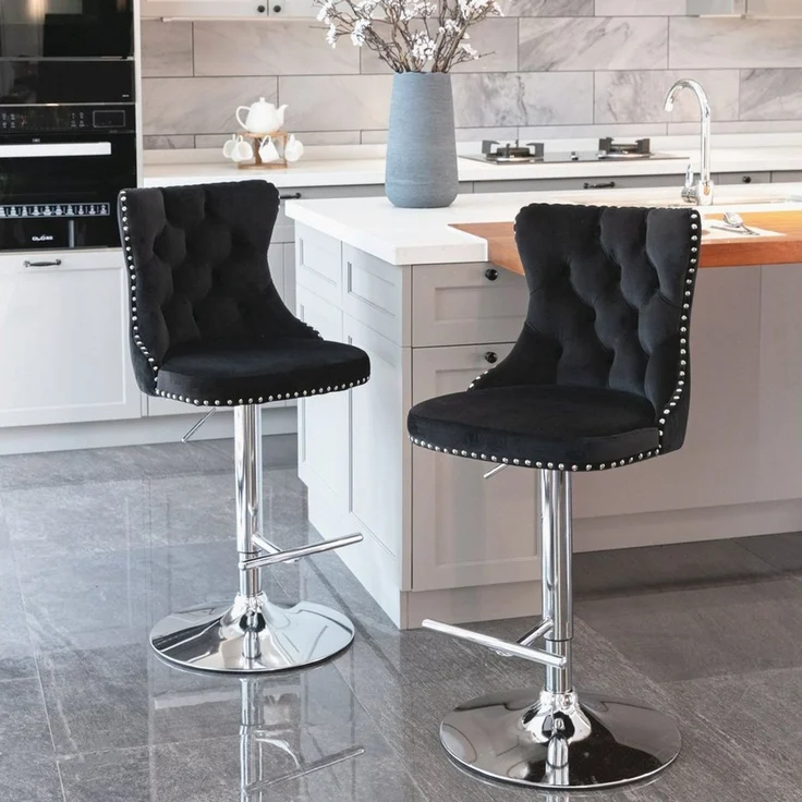 ANYSUN Barhocker 2er Set Barhocker höhenverstellbar & 360° drehbar mit Lehne (mit Samtbezug, Ziernieten, silberner Fußstütze, 2er Set), für Kücheninsel, Wohnbar, Esszimmer oder Café – Bild 1