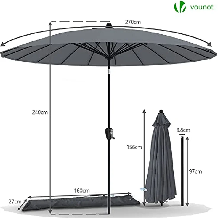 VOUNOT Shanghai Sonnenschirm 270 cm Rund mit Kurbelvorrichtung, Knickbar, Sonnenschutz UV-Schutz, Balkonschirm Gartenschirm Marktschirm mit Schutzhülle, Grau – Bild 7