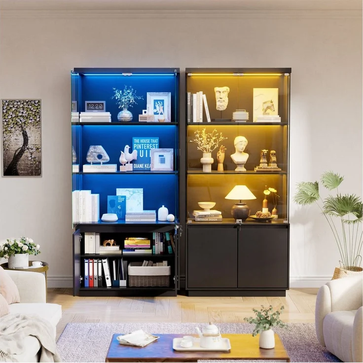 PEALOV Glasvitrine mit LED-Beleuchtung und Bewegungssensor (1-St) Vitrinenschrank mit Stauraum, 75 x 180 x 38 cm, Schwarz – Bild 4
