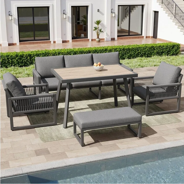 HAUSS SPOLE Gartenlounge-Set Outdoor Sofa Set 6 Sitzer Geflochtenes Seil Pflegeleichte Kissen Tisch, (Gartenmöbel Set Outdoor mit großem Esstisch), Hochwertigen Sitzkissen & Rückenkissen