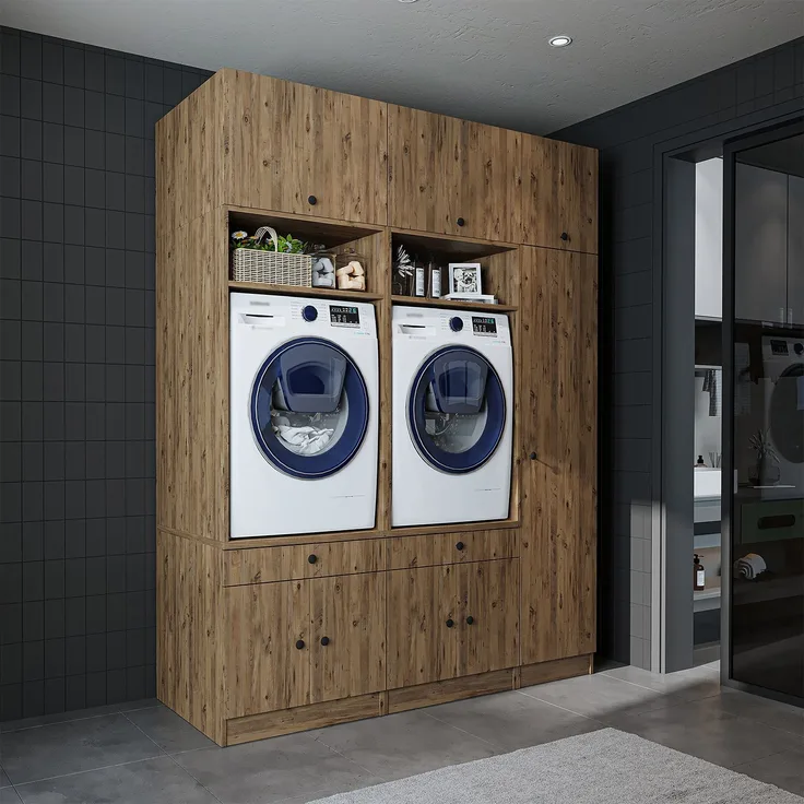 Roomart Schrankwand für Waschküche & Hauswirtschaftsraum – SERIE 1 – 179 cm breit – mit Ausziehbrett – Waschmaschinenschrank & Stauraumlösung • Eiche
